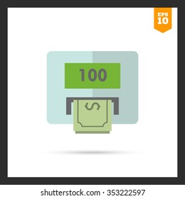 Icon of cash machine with hundred dollar, banknote 