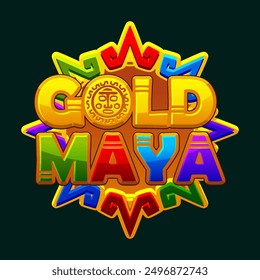 Icon for casino-themed Maya game. Logo- Maya gold, textured and volumetric text for your games. Aztec solar disk, sun symbol, representing the Maya sun