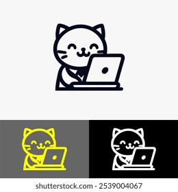 Icon cat cute line art vector black and white 