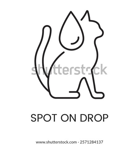 An icon of a cat silhouette with a drop in vector, representing spot-on application for pets, with an editable stroke.