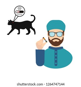 Icon cats silhouette with microchip pill inside the body and veterinarian. Vector illustration.