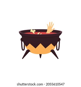 Icon of a cauldron for witch with human hand and bone in boiling potion. Iron magical pot on legs with red blood brew. Flat cartoon vector illustration isolated on white background