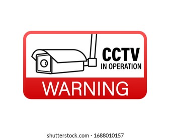 Icono con cctv sobre fondo blanco. Símbolo de silueta. Icono de cámara. Etiqueta de signo de advertencia. Televisión de circuito cerrado, CCTV. Ilustración de material vectorial.