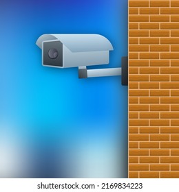 Icono con cctv en fondo blanco. Símbolo de silueta. Icono de cámara. Etiqueta de la señal de advertencia con precaución. Televisión de circuito cerrado, CCTV. Ilustración de material vectorial