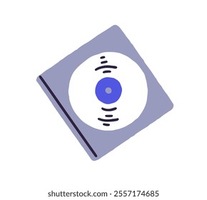 Icon of CD or DVD technology. Compact disc with video record, music or movies in cover, case. Blu ray disk in box, digital media in packaging. Flat isolated vector illustration on white background