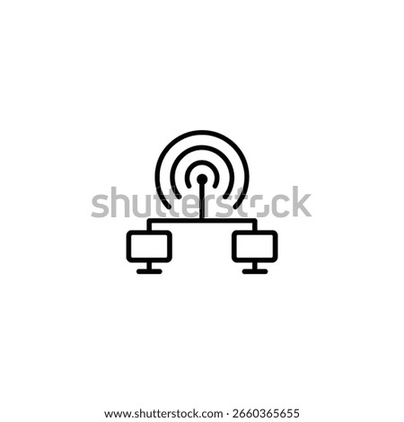 An icon of a central broadcast tower transmitting a signal to a network of two connected computer devices.[1]