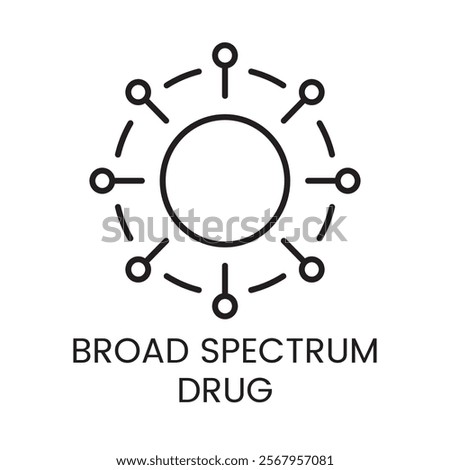 An icon of a central circle with radiating nodes and dashed lines in vector, symbolizing the effectiveness of a broad spectrum drug, with an editable stroke.