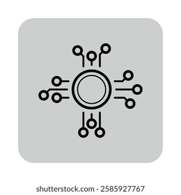 Icon of central circular node connected to multiple lines and nodes, symbolizing network or circuit. Modern technology concept