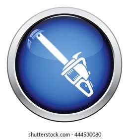 Icon of chain saw. Glossy button design. Vector illustration.