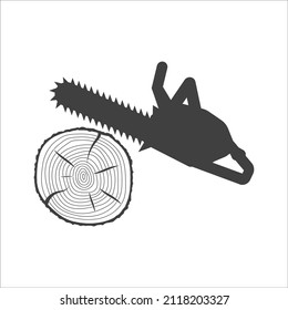 icon of a chainsaw sawing a log. Image on white background