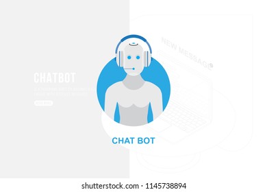 Icon Chatbot with new message on the background of a outline drawing in isometric style and laptop. Flat 3d illustration EPS10.