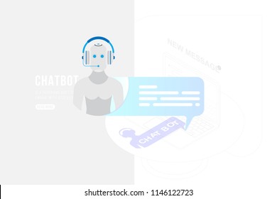 Icon Chatbot with new message on the background of a outline drawing in isometric style and laptop. Flat 3d illustration EPS10.