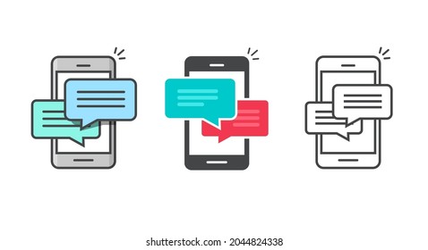 Icon Of Chatting Message On Mobile Cell Phone Notice Or Notification Set Line Outline Art And Flat Cartoon Style Illustration, Cellphone Smartphone Sms Bubbles Talk Incoming Push Alerts