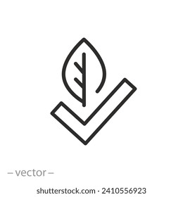 icon of check mark with leaf, approval eco friendly concept, certification vegetarian quality, ecology element, thin line symbol on white background - editable stroke vector illustration