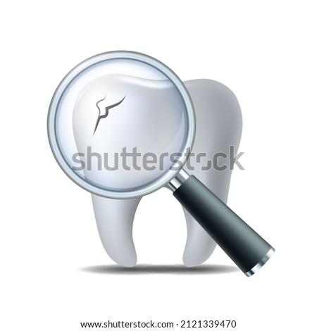 Icon check teeth at dentist. Cracked caries tooth under magnifying glass. Logo for dental clinic. Dental, medicine and health concept. Vector illustration isolated on white background