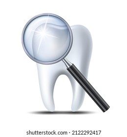 Icon check teeth at dentist. Healthy shiny tooth under magnifying glass, sanitized mouth. Logo for dental clinic. Dental, medicine and health concept. Vector illustration isolated on white background