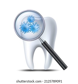 Icon check teeth at dentist. Tooth with a magnifying glass showing microscopic bacteria or viruses. Dental, medicine and health concept. Vector illustration isolated on white background