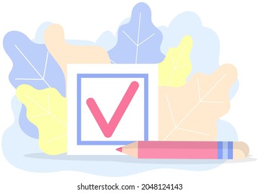 Icon of checklist, daily plan with red tick mark near huge pencil. Checklist, to do list, questionnaire symbol. Scheduling timetable, planning schedule, time management, task completed concept