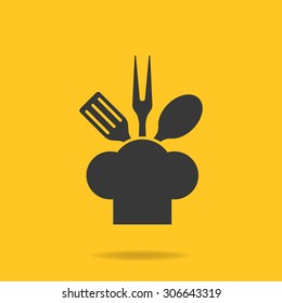 Icon of Chef, cook cap with fork, spoon and fry shovel