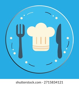 Icono del sombrero del cocinero con la torta y el cuchillo en la placa azul sobre fondo verde