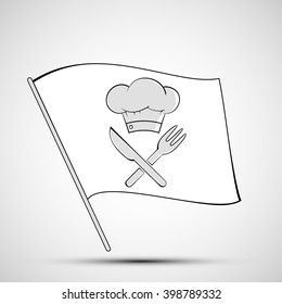 Icon chef hat, knife and fork on a white flag. Stock vector illustration.