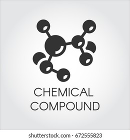 Icon of chemical element compound in flat design. Black logo on a gray background. Abstract molecular connection. Vector illustration