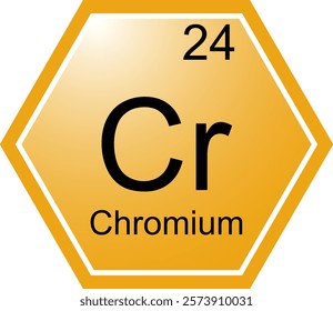 The icon of the chemical element Cr Chrome. A chemical element of the periodic table. Cr is a transition metal. Science, chemistry. Vector hexagonal image.