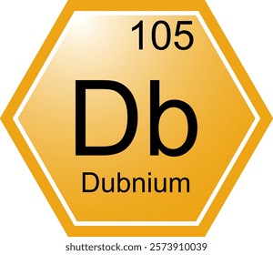 The icon of the chemical element Db Dubnium. A chemical element of the periodic table. Db is a transition metal. Science, chemistry. Vector hexagonal image.