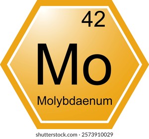 The icon of the chemical element Mo Molybdenum. A chemical element of the periodic table. Mo is a transition metal. Science, chemistry. Vector hexagonal image.