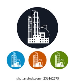 Icon of a chemical plant or refinery processing of natural resources, or a factory for the manufacture of products, four types of colorful round icons plant , vector illustration