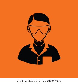Icon of chemist in eyewear. Orange background with black. Vector illustration.