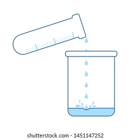 Icon Of Chemistry Beaker Pour Liquid In Flask. Thin Line With Blue Fill Design. Vector Illustration.