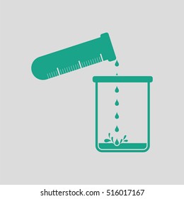 Icon Of Chemistry Beaker Pour Liquid In Flask. Gray Background With Green. Vector Illustration.