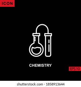 Icon chemistry with flask boiling and tube glass vector on black background. Illustration line, linear, outline and lineal icon for graphic, print media interfaces and web design.