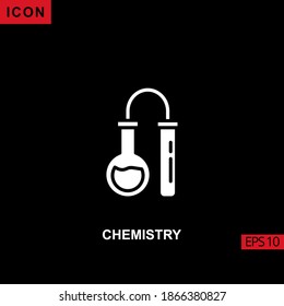 Icon chemistry with flask boiling and tube glass vector on black background. Illustration Filled, glyph or flat icon for graphic, print media interfaces and web design.
