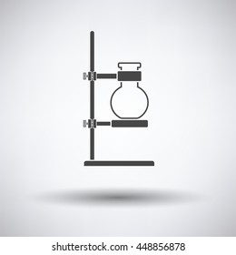 Icon of chemistry flask griped in stand on gray background, round shadow. Vector illustration.