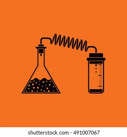 Icon of chemistry reaction with two flask. Orange background with black. Vector illustration.