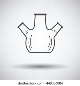 Icon of chemistry round bottom flask with triple throat on gray background, round shadow. Vector illustration.