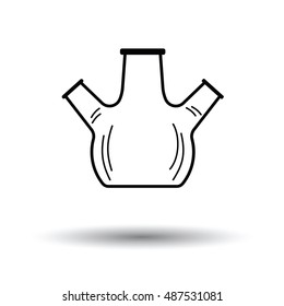 Icon of chemistry round bottom flask with triple throat. White background with shadow design. Vector illustration.
