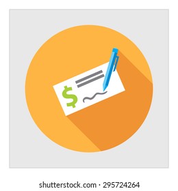 Icon of cheque book page with dollar sign and writing pen