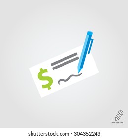Icon of cheque book page with dollar sign and writing pen