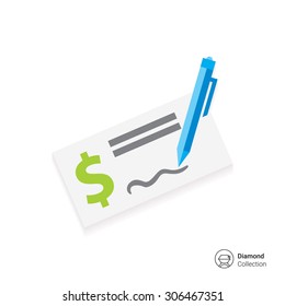 Icon of cheque book page with dollar sign and writing pen