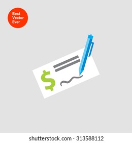 Icon of cheque book page with dollar sign and writing pen