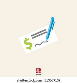 Icon of cheque book page with dollar sign and writing pen