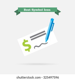 Icon of cheque book page with dollar sign and writing pen