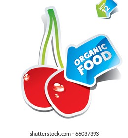 Icon cherry with an arrow by organic food. Vector illustration.