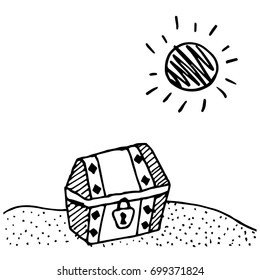Icon of the chest. Doodle treasure chest on the beach. Vector illustration.