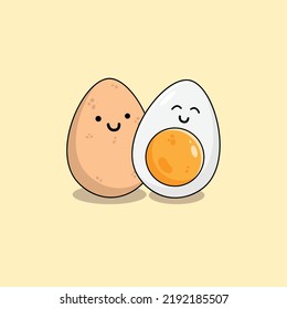 Icon Chicken Boiled Egg Cute Vector. Egg In Shell And Half Egg With Yolk. Illustration Of An Egg In A Flat Minimalist Style.