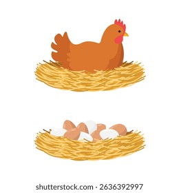 Icon with a chicken in a nest and an icon with chicken eggs on a white background. Farm product.