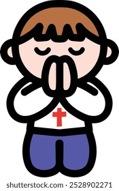 Icon of a child kneeling with hands together in prayer, simple illustration with thick black lines, Christian, Catholic, religious concept.